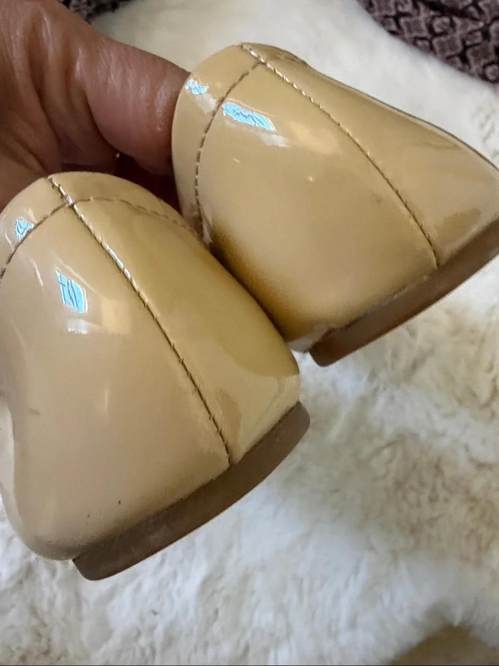Coach Two-Tone Patent Leather Ballet Flats in Beige and Black with Gold Bow